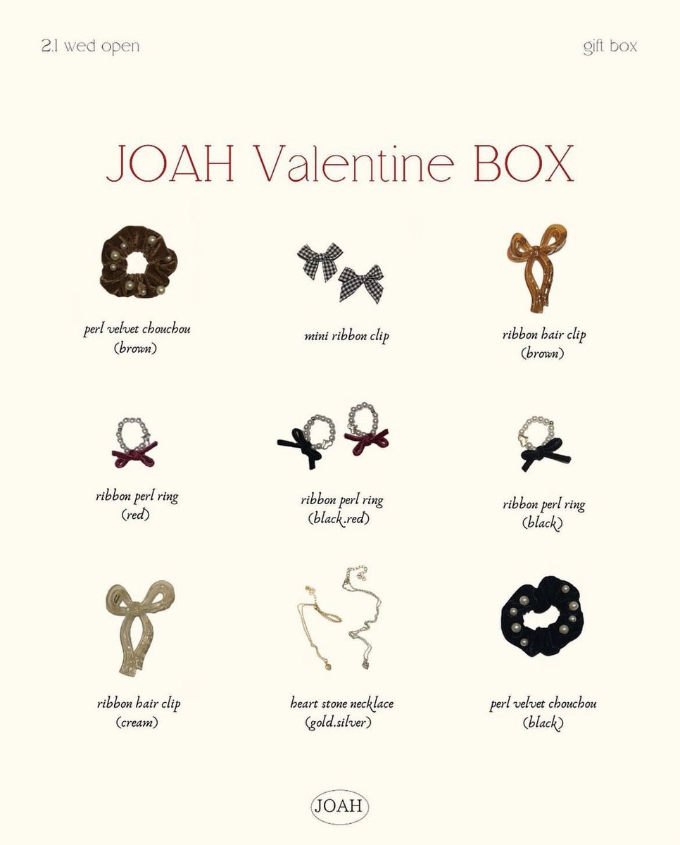 joah__official's tweet photo. 2月限定のValentinae BoxはJOAHの店頭にてご購入頂けます🤍

単品購入すると3500円相当する商品が詰まったBOXが2000円で購入できます✨
彼女さんやお友達、ご自分へのプレゼントなどにぜひいかがでしょうか🥰

アイテムは(1,クリップ2,シュシュ3,ミニクリップ4,ネックレスorリングになります🤍 https://t.co/RZdU6HGaQe