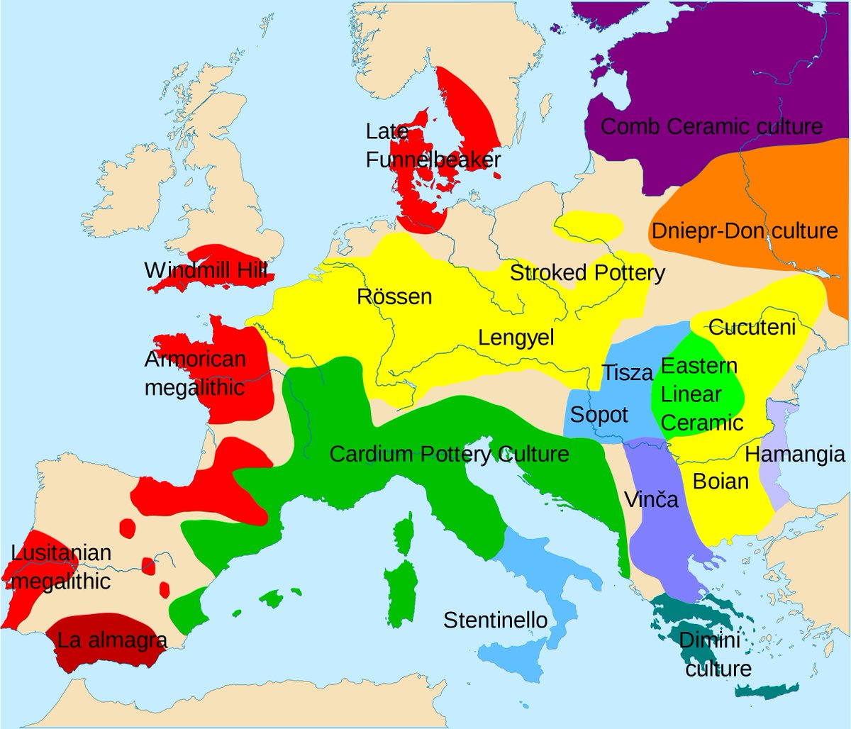 HistorySchmuck's tweet photo. Atlantic Neolithic emerges from spread of agriculture into W. Europe c5000BCE, known for megaliths like Stonehenge. They were possibly ancestors of Basques. c2800BCE they are replaced by bronze-age Bell Beaker Culture, often linked with Indo-Europeans. #Europe #Neolithic #Basque https://t.co/bxAnmfzW8q