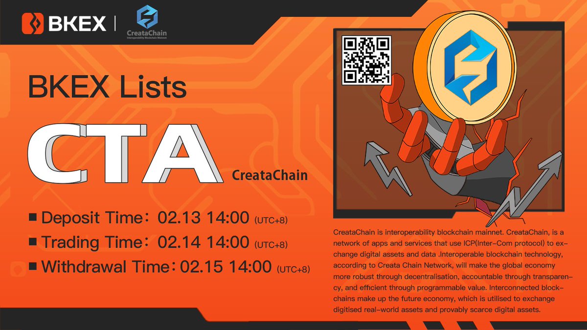 💯#BKEX New Listing | @creatachain #CTA will get listed on #BKEX 🔸Trading  pair: CTA/USDT 🔸Trade: 14:00 on Feb. 14 (UTC+8) ⏭Details:  https://t.co/66Us4IsMDw #Bitcoin #cryptocurrency #BKEXNewListing