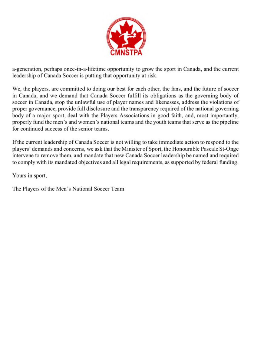 Canadian men's national soccer team statement in solidarity with women says Canada Soccer budgets are "cloaked in secrecy."
Men demanding CS sponsors stop using player images in marketing and ask Sport Minister Pascale St-Onge to remove CS leaders if player demands aren't met.