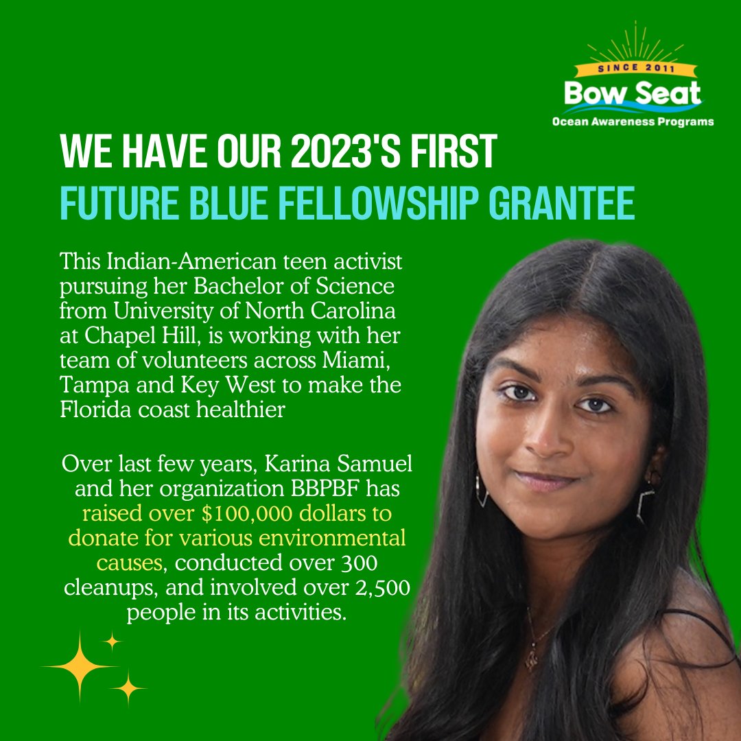 fromthebowseat's tweet image. #FutureBlue🎇: Meet 2023's 1st Future Blue Grant fellow🌊Karina #MakingWavesForClimate from Florida through Bye Bye Platic Bags. She hopes to engage at least 1,000 cleanup attendees in their multi-day clean-up event and remove over 1 ton of plastic waste through this initiative.