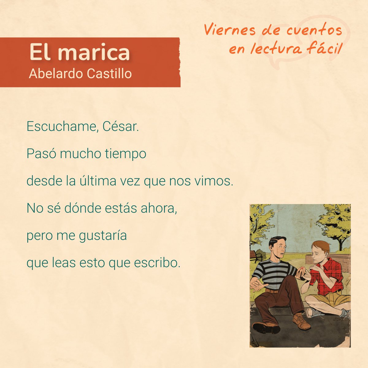 lengua_franca's tweet photo. Les compartimos un fragmento de "El marica" de Abelardo Castillo, adaptado a lectura fácil. Para leerlo completo, pueden acceder al siguiente link:
https://t.co/ektcxbHD1W

#viernesdecuentos #lecturafacil https://t.co/F9RiOnqVbi