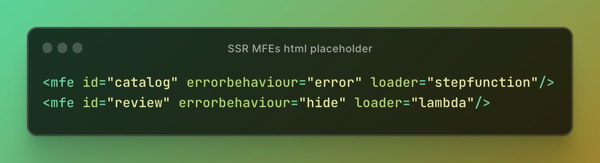 lucamezzalira's tweet image. What do you think as #microfrontend placeholder for an HTML template in #ssr implementations?
id -> for service discovery
errorbehaviour -> for signaling how the composer should behave in case of error
loader -> MFE entry point (#aws service or URL)
#cloud #javascript #frontend