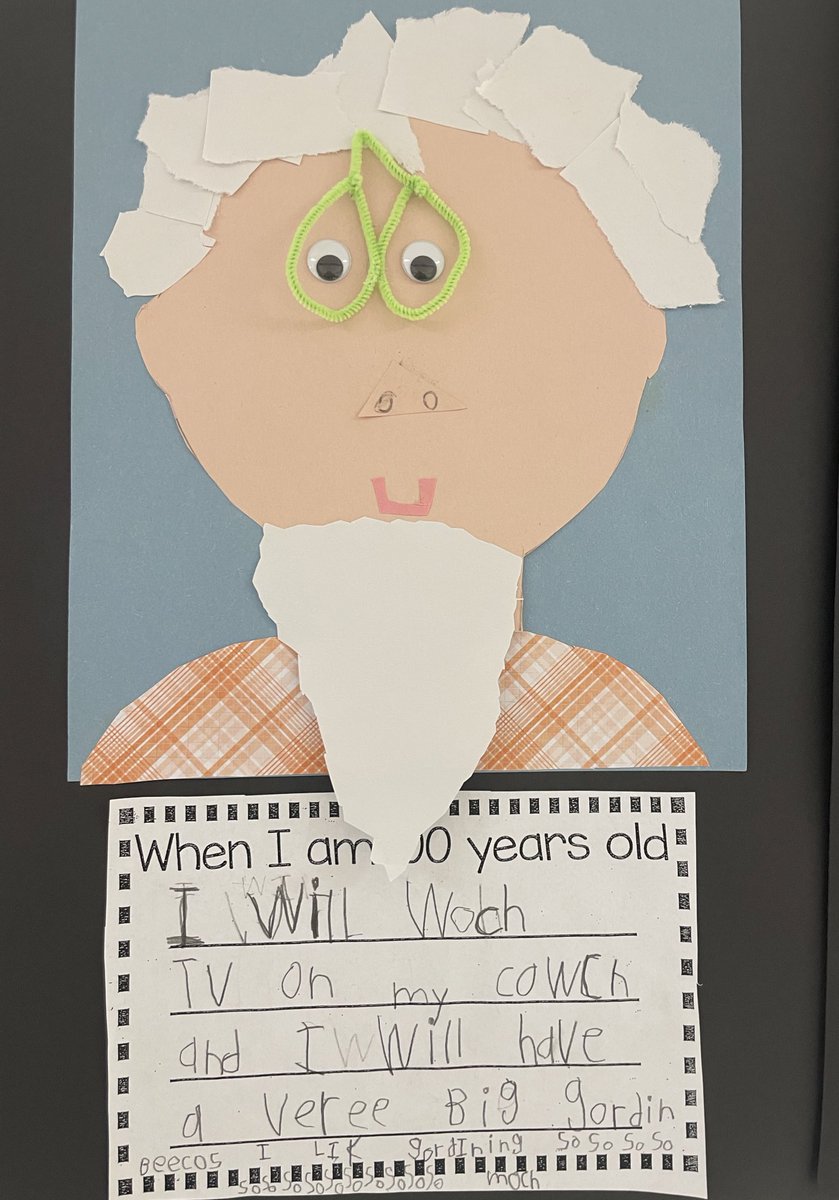 CottleKinder's tweet photo. In celebration of the approaching 100th day of school, kindergarten students @haycockcougar thought about what they might look like and do when they're 100 years old! @fcpsnews @FCPS_Kinder @FCPSR2 https://t.co/pwiFHGUZNE