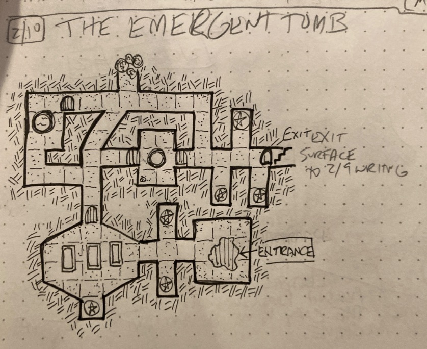 I am really enjoying #dungeon23 still. I made it through the caverns and now we emerge in a  tomb on the far outskirts of the megadungeon hex, a locked 😉tomb in a field of yawning, open mausoleums