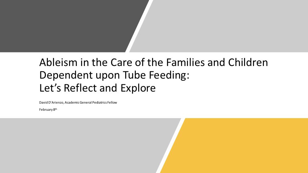 Living in an ableistic society and how that can impact children who are reliant in tube feeds has never been something I’ve thought about. Thank you, David, for an eye opening talk during #FeedingTubeAwarenessWeek #Ableism <a href="/juliecjgraham/">Dr. Julie Johnstone</a> <a href="/Sanj_Mahant/">Sanjay Mahant</a> <a href="/stephaniechu_RN/">Stephanie Chu</a>