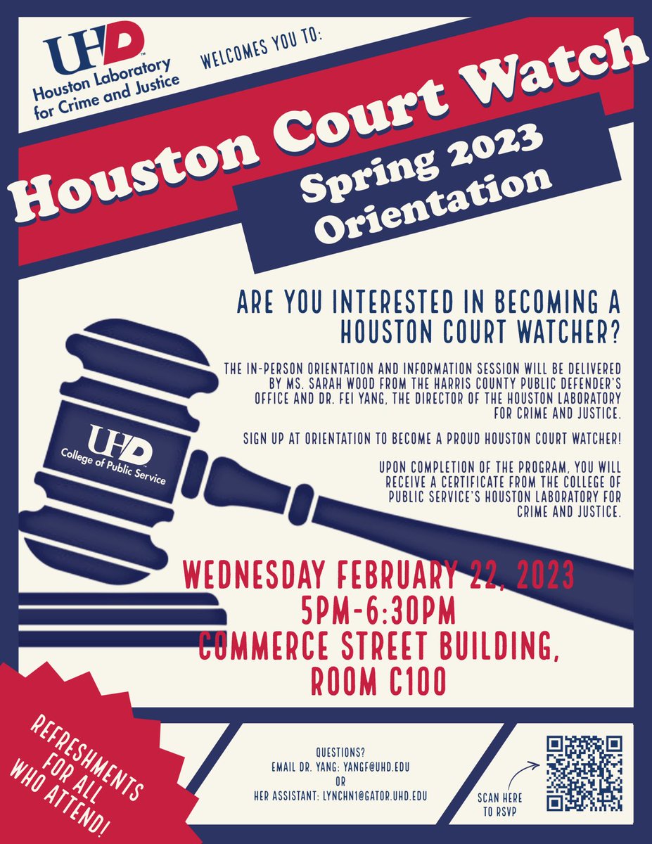 UHDHoustonLabCJ's tweet photo. Ms. Sarah Wood from HCPDO delivered training to Houston Court Watchers. Please scan the QR code on the last picture to RSVP for more information! Thank you, Dean Schwartz ⁦@uhdcpsdean⁩ for your vision and support for the Houston Court Watch program! ⁦@VARyanHouston⁩ https://t.co/UAe2uUhHs1