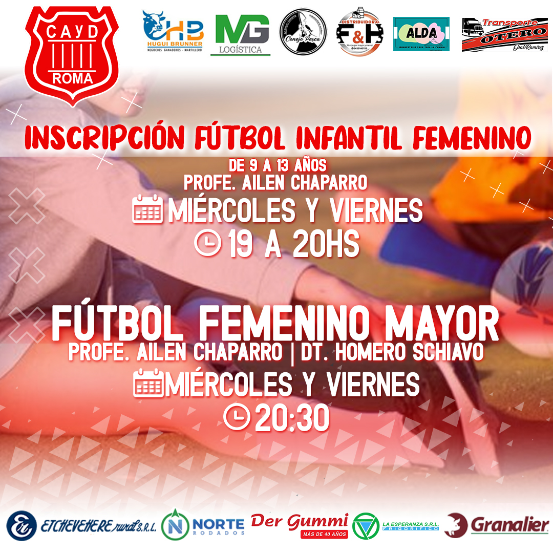 Inscripción fútbol infantil femenino ⚽🔴

De 9 a 13 años
📅Miércoles y Viernes
🕐19 a 20hs
📍Club ROMA

FÚTBOL FEMENINO MAYOR
📅Miércoles y viernes
🕐20:30 hs
📍Club ROMA
.
.
.
#ROMA #futbol #femenino #cancha #club #DT #deporte Ver menos
