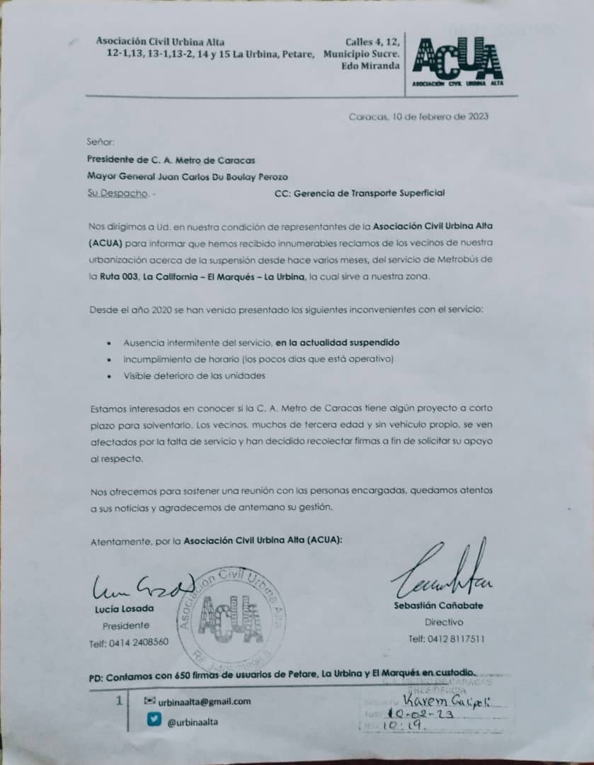 Ciudadanos 💯 Activados:

Desde septiembre 2022 vecinos preocupados x fallas servicio de #Metrobus, tuvieron iniciativa de recolectar firmas. 

El proceso culminó hoy con apoyo #ACUA al entregar carta al Pres. <a href="/metro_caracas/">Compañía Anónima Metro de Caracas</a> solicitando la reposición del servicio #sintransporte