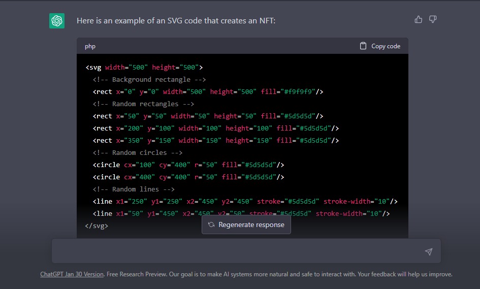 svgcreator's tweet photo. Introducing the one and only #NFT generated by @OpenAI ChatGPT with SVG code! This digital artifact is not just visually stunning, it's also the first of its kind. The best part? This was also written by ChatGPT! Don't miss out on owning a piece of history and technology combined https://t.co/TOI77sv7Lu