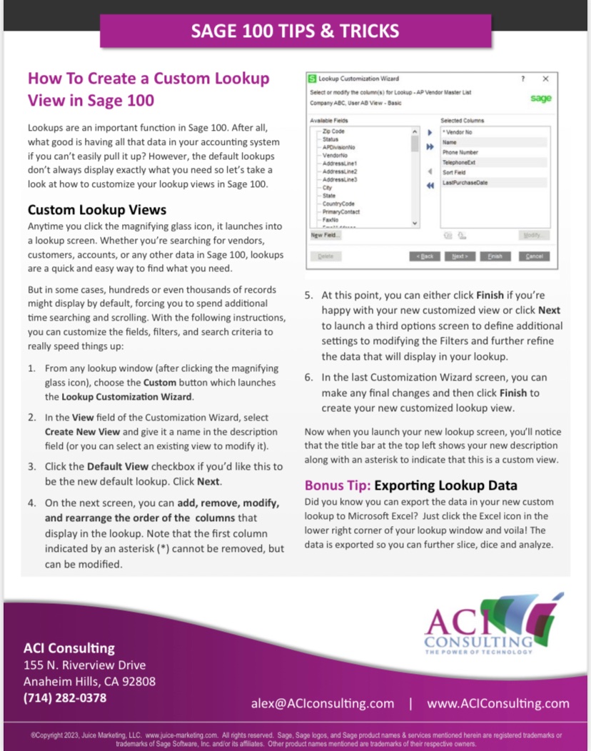 ACIConsulting's tweet photo. Happy to share the first #Sage100 #newsletter of #2023! Learn how connect ##HRMS and create a custom lookup view with #Sage100. If you have any questions, contact us at https://t.co/9NQS4nEoW6 https://t.co/OEgz47fWC8