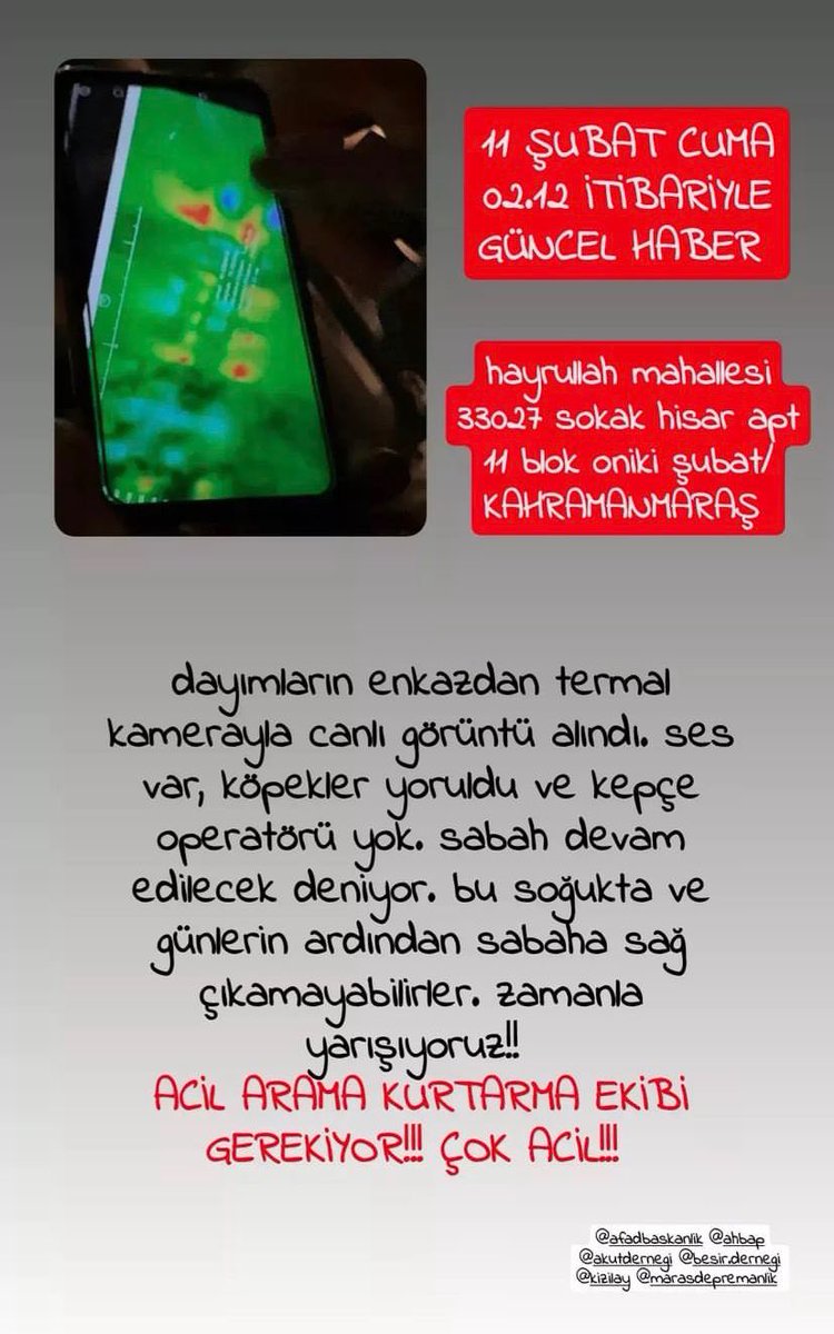 🚨11 ŞUBAT 02.12 TEYİTLİ GÜNCEL🚨

Hayrullah Mah. 33027 Sok. Hisar Apt. 11 blok ONİKİŞUBAT/MARAŞ

TERMAL KAMERA İLE GÖRÜNTÜ ALINMIŞ. 

ACİL ARAMA-KURTARMA EKİBİ.