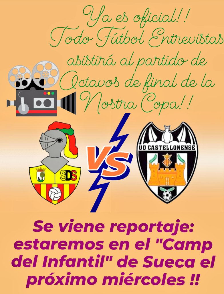 OFICIAL🖐🏻🚨 <a href="/todofutbolentre/">todofutbolentrevistas</a> 🎧🎙️asistirá al partido⚽de 1/8 de final de la Nostra Copa🏆🍊 <a href="/FFCV_info/">FFCV</a> <a href="/rfef/">RFEF</a> que enfrentará al <a href="/SD_Sueca/">SD Sueca</a> 🆚 @AmuntUDC

Se viene reportaje📺🎥👀

Estaremos en el "Camp de l'Infantil"📍🏟️de la localidad de #Sueca el próximo miércoles 15 FEB📅20:30h🕣