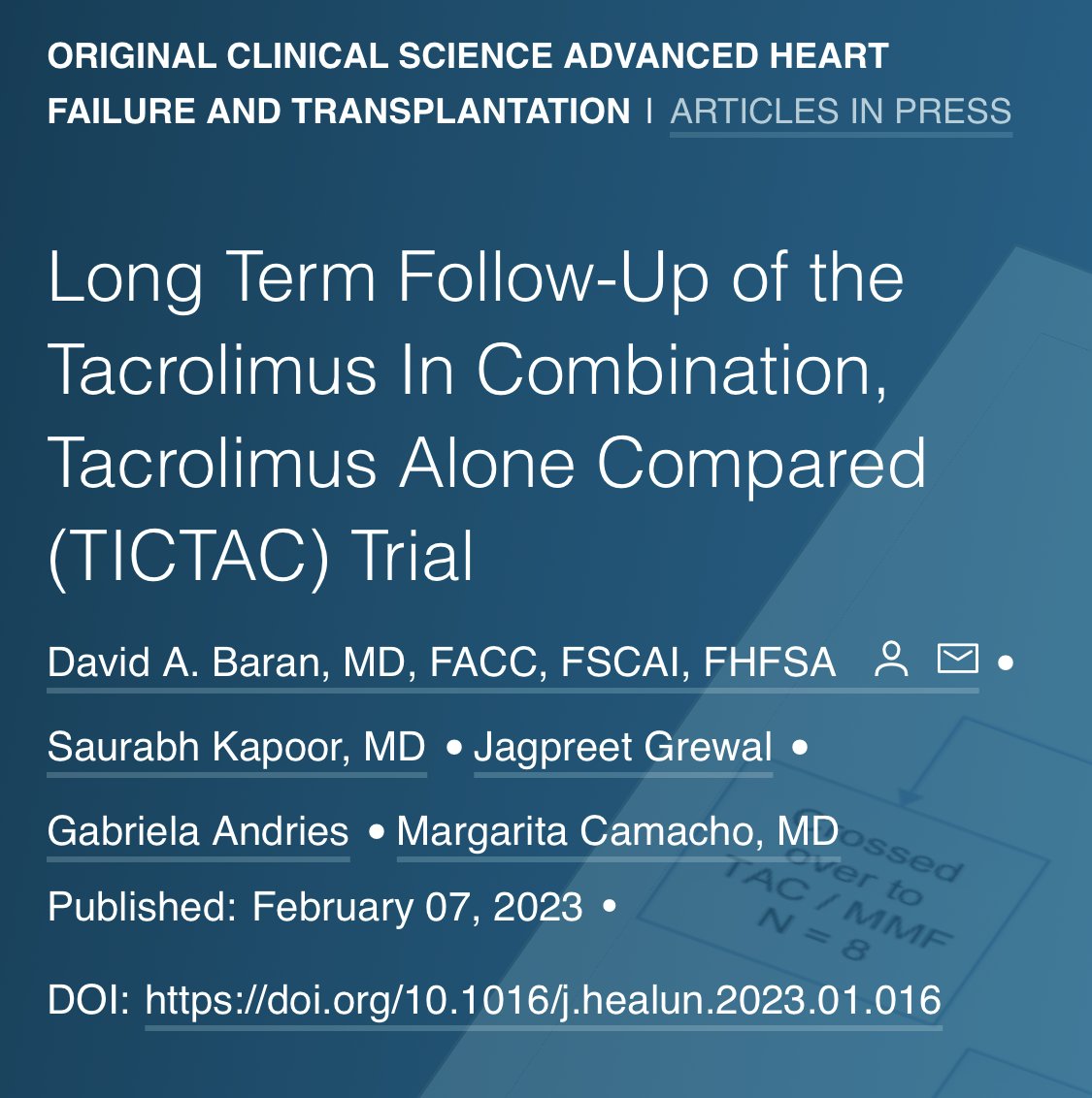 Hot off the press! Long term results of TICTAC trial comparing TAC monotherapy to TAC and MMF from AHFTC fellow at MUSC @jgrewal_12 and @davebaran! Importance of individualizing immunosuppression to avoid over-/under-treatment post-transplant. @MUSC_Cardiology @MUSCCardFellows