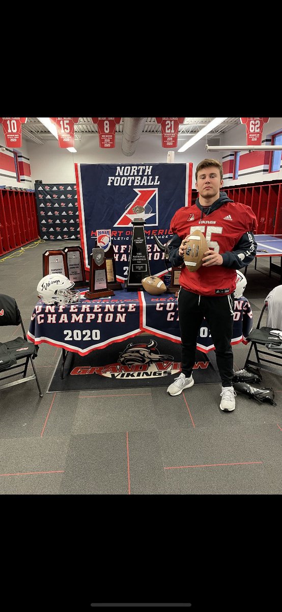Blessed to announce I will be committing to Grand View University to continue my athletic and academic career! <a href="/GVVikingFB/">Grand View Football</a> <a href="/TMartin_Coach/">Tyler Martin</a> <a href="/CoachJoeWoodley/">Coach Joe Woodley</a> ready to get to work!! 
Go Vikings 🔴⚪️