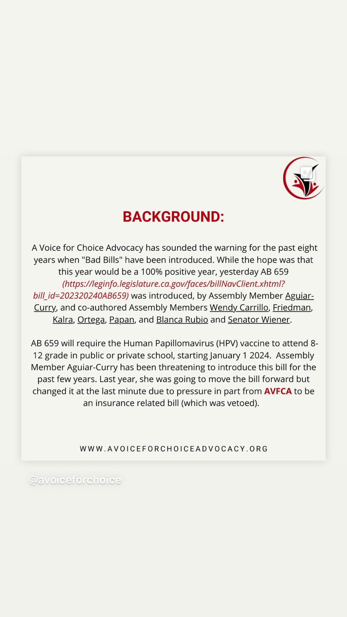 educateadvocate's tweet photo. No on #AB659 This bill in CA introduced to mandate #HPV vaccine with no exemption option for students. Take action urge your assembly member to oppose this bill and not to be a co author Read email thoroughly and share! https://t.co/9cvRG3ppoE https://t.co/bBW9L4k7ip
