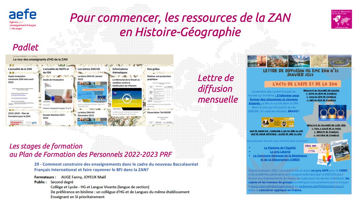 IRF_AEFE_ZAN's tweet photo. [Accompagnement pédagogique #AEFE #ZAN 🇨🇦🇺🇸] #Histoire_Géographie 

>#Epreuves écrites et orales #HGGSP/#Grand_Oral
>#Pratiques innovantes
>#EMC et #EMI
>#Adaptation des programmes louisianais 

🙍🏻‍♀️Formatrice :  @AugeFanny 
🏫 @LyceeFrancaisNO 
📆 9 et 10 février 2023 https://t.co/LDxRf5gd9D