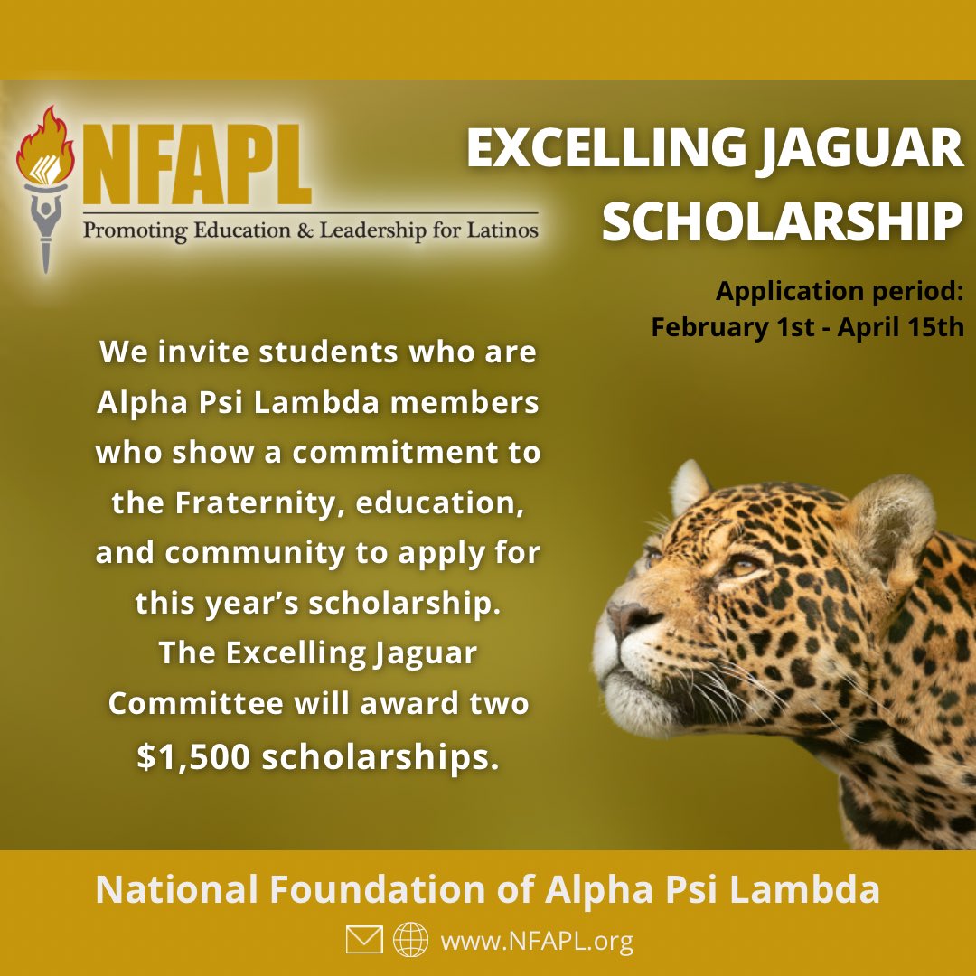 NFAPL1's tweet image. Learn more about our Excelling Jaguar scholarship!

Visit NFAPL.org to apply.

#nfapl #alphapsilambda #apsifamilia #latinoempowerment #latinosuccess