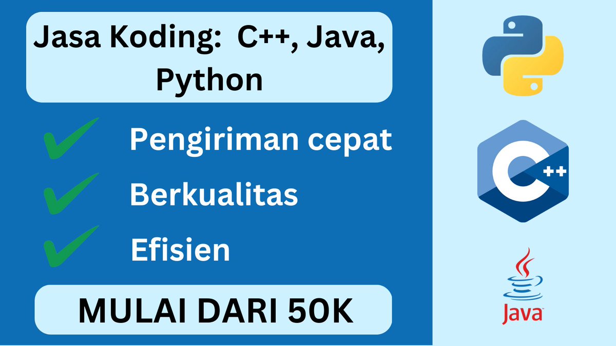 bisangoding's tweet image. bisa buat proyek Python, Java, dan C++, Harga mulai dari 50k. Selesain proyek dan tugas-tugas dengan efisiensi dan kualitas terbaik. #jokitugas #ngoding #python #coding #zonauang #zonatugas