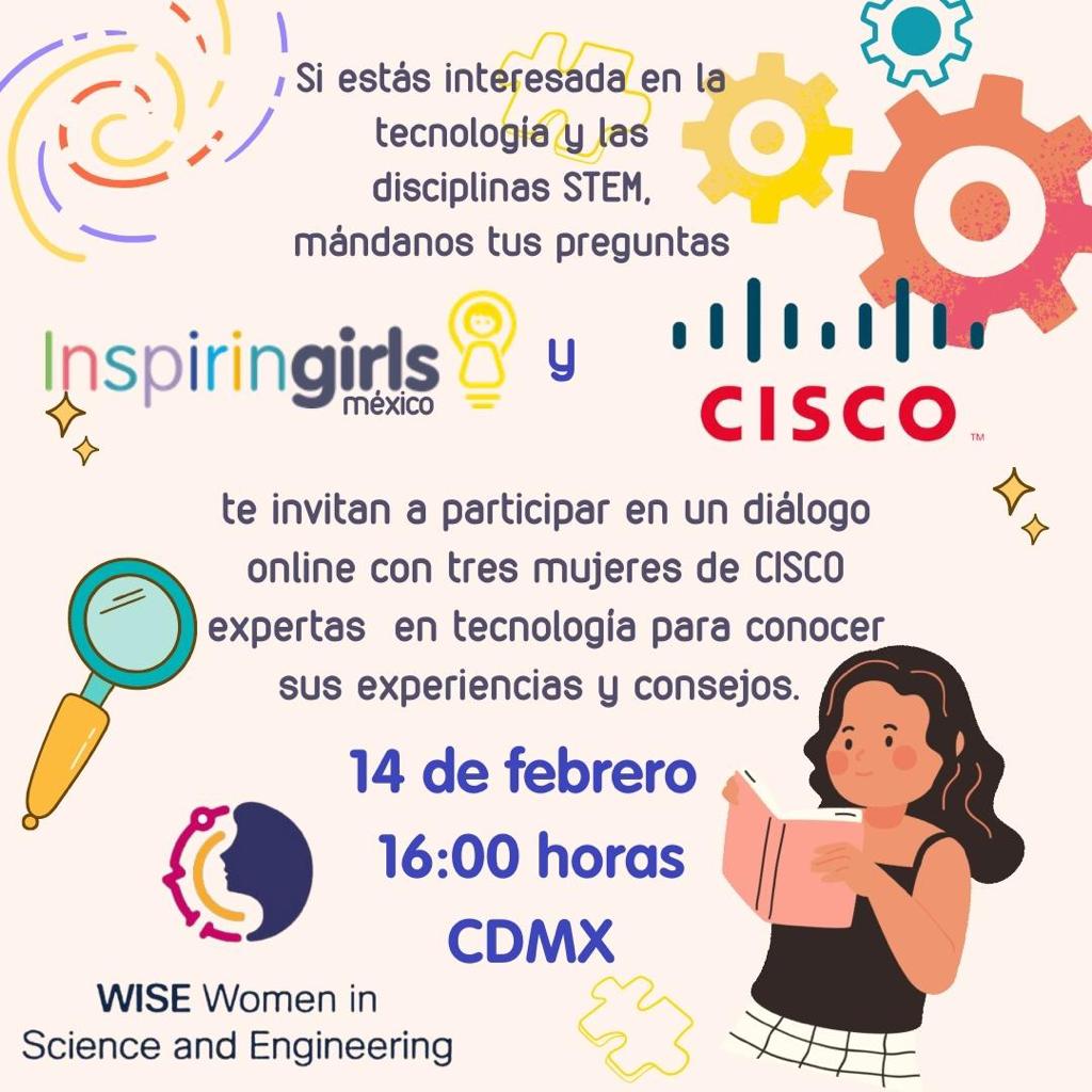 wiselatam's tweet photo. Acompáñanos a esta sesión de diálogo en el que niñas de nuestra comunidad aliada @inspirinGirlsMx  interesadas en la tecnología y las disciplinas STEM harán
preguntas a expertas de @CiscoLatam  para conocer sus experiencias y consejos.

Regístrate: https://t.co/yf8TD9Os4C https://t.co/qSAsE7MoOn
