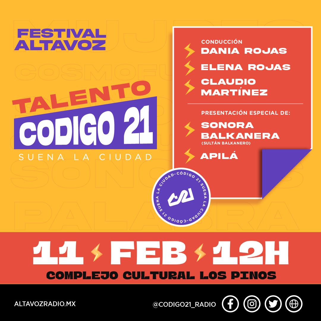 codigo21_radio's tweet photo. ¡Mañana, el @CC_LosPinos vibrará con el #PrimerFestivalAltavoz! 🎵

Celebremos juntas y juntos el 3er. Aniversario de @altavozmxradio con @apilamusic y la @sonorabalkanera. Sigue la transmisión por #Código21 https://t.co/sEdFfjKsev