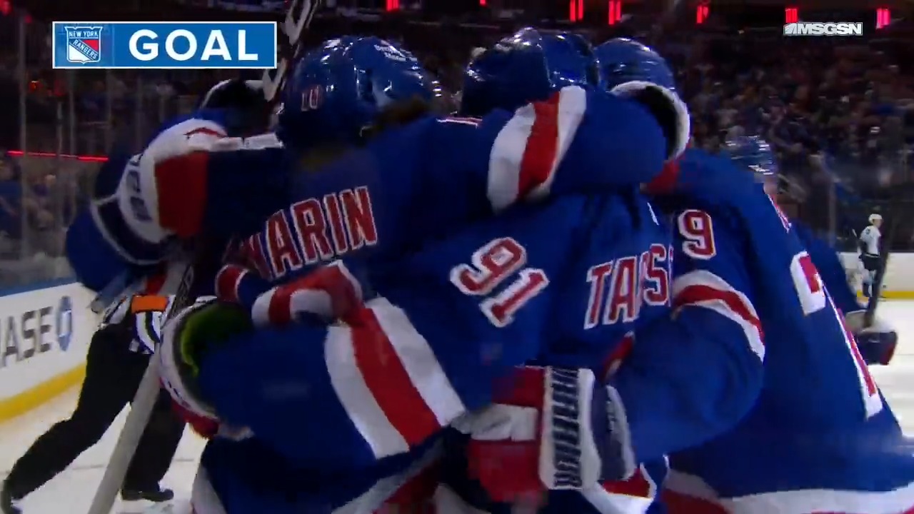 New York Rangers' Vladimir Tarasenko (91) celebrates after scoring a goal  during the second period of an NHL hockey game against the Pittsburgh  Penguins Saturday, March 18, 2023, in New York. (AP