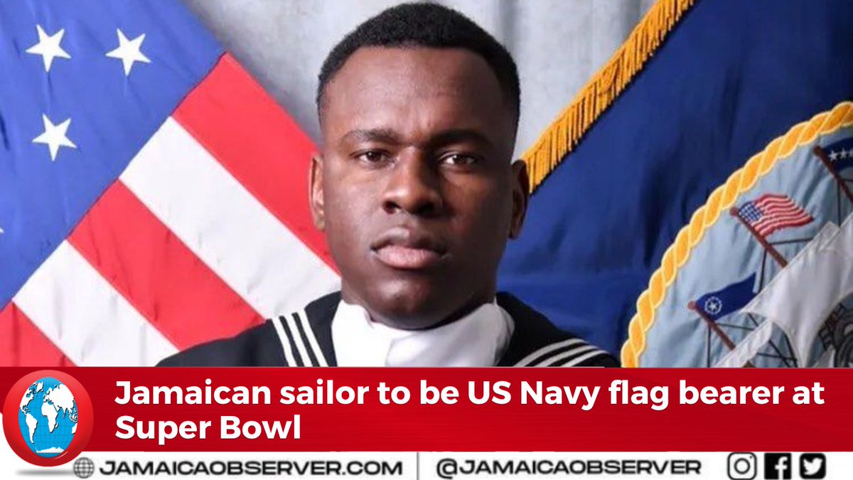 JamaicaObserver's tweet photo. A Jamaican-born US Navy sailor has been bestowed the honour of being the flag bearer at Super Bowl LVII on Sunday.

Petty Officer in the 3rd Class, Shyeed Crooks' name was randomly picked out of a hat.

https://t.co/DgaU2FGYTX https://t.co/zixxMHJ8AB