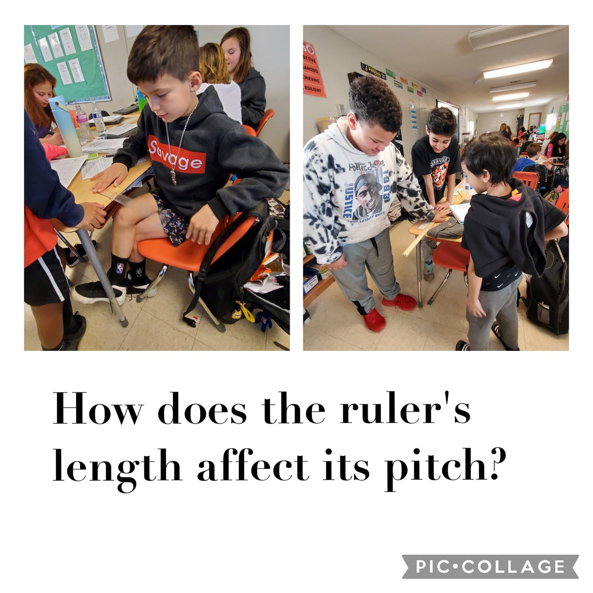 Ruleman5th's tweet image. We have done lots of experiments with sound this unit! Today we investigated how the length of an object such as a ruler affects the pitch of the sound it creates when it vibrates. #NokesvilleTigers #soundexperiments