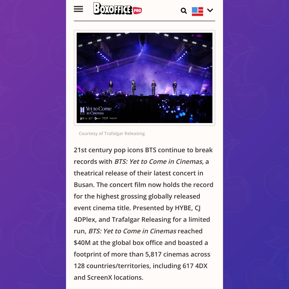 PopBase's tweet photo. ‘BTS: Yet to Come in Cinemas’ now holds the record for highest-grossing globally released event cinema title with $40 million. https://t.co/fthcaXJSc0