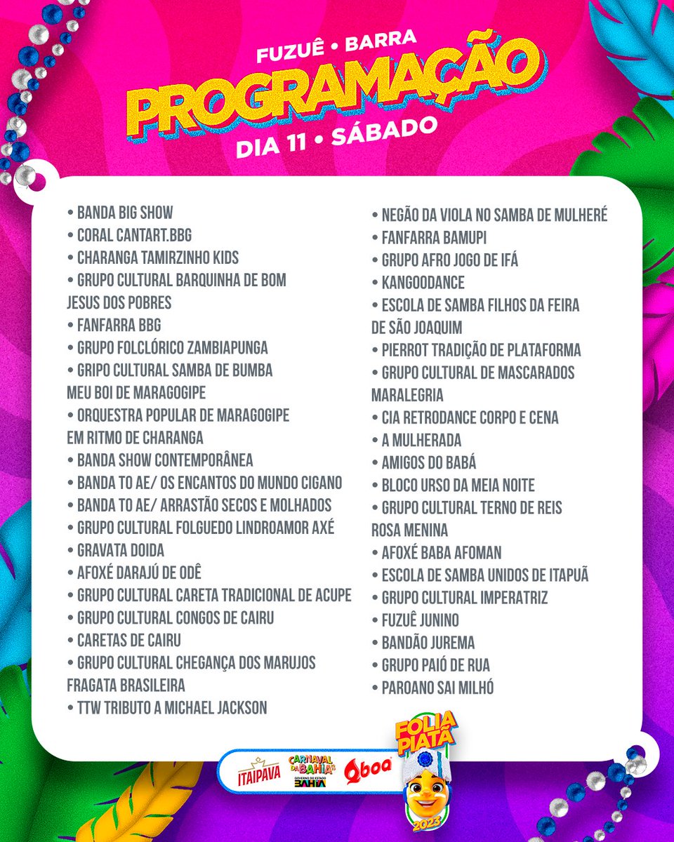 PiataFM's tweet photo. JÁ É CARNAVAL CIDADE! 🎉
Confira agora com a gente a programação do final de semana na cidade do MAIOR CARNAVAL DO MUNDO! 😍🌴😎👌

#Fuzuê #Furdunço #FoliaPiatã #CarnavalDeSalvador #Carnaval2023 #Itaipava #GovernoDaBahia #Qboa https://t.co/svrpqS91UL