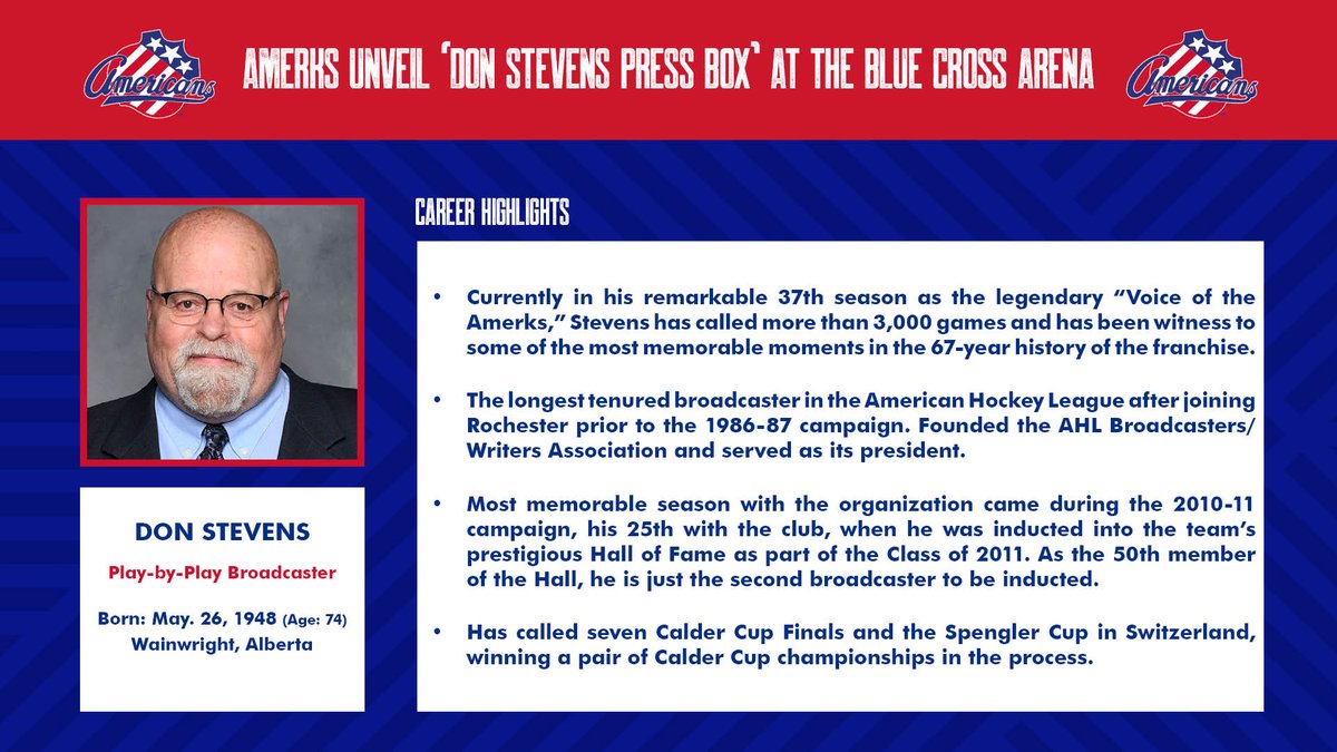 AmerksPR's tweet photo. Tonight the @AmerksHockey unveiled ‘Don Stevens Press Box’ at the Blue Cross Arena in recognition of the Hall of Fame broadcaster’s nearly 40 years of dedicated service to the organization. https://t.co/v5wvuowIiD