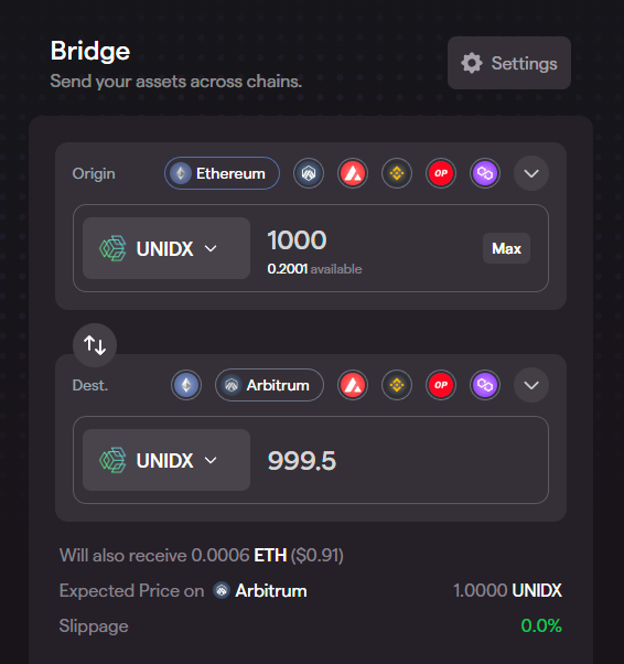 The $UNIDX token is finally bridgable to <a href="/arbitrum/">Arbitrum</a> through our friends at <a href="/SynapseProtocol/">Synapse Labs</a>  ⛓️

Currently, holders can bridge between ETH <-> ARBI with much lower bridge fees &amp; more networks to come in the future!

Liquidity has been seeded w/ more exciting things coming soon 👀