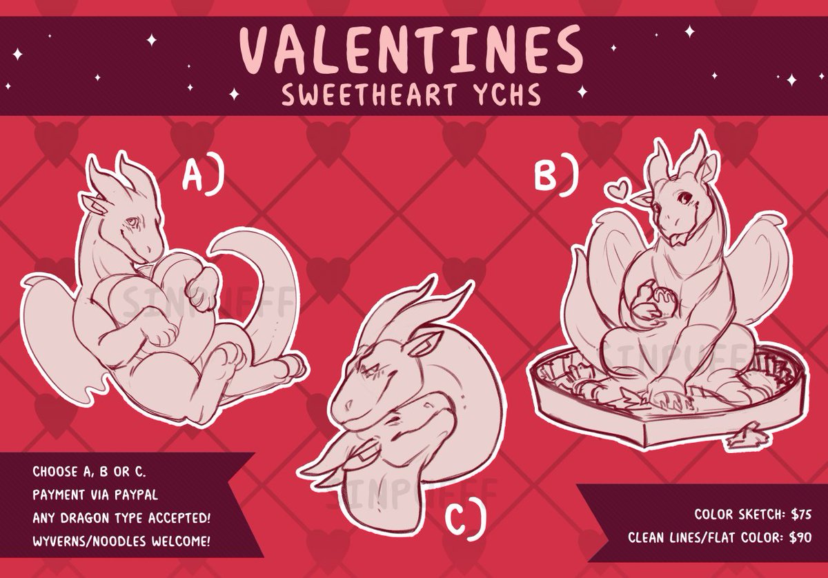 Valentines YCHs anyone~? These are multislot on FA, only 3 of each available (unless I finish the batch early). 
furaffinity.net/view/50962961/