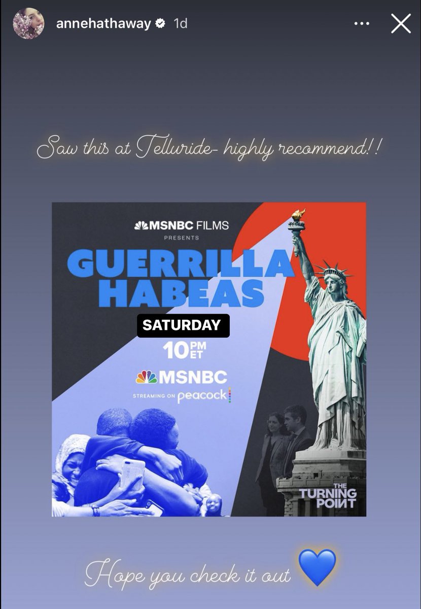 @annehathaway thinks you should check out our film re-airing tomorrow ♥️ 10pm ET #familiesbelongtogether #guerrillahabeas @msnbc_films @timestudiosfilm @Gregoire1125 @SarahGillman12 @SarahFRogerson @alicesperi @lizziewaller @Sugar23inc @Trevornoah