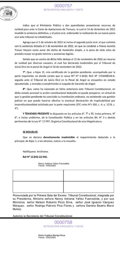 🔴TRIBUNAL CONSTITUCIONAL DECLARA INADMISIBLE recurso interpuesto por Carab. Marco Treuer, mayor condenado por el homicidio del joven mapuche Alex Lemún Saavedra.
⚖️Con esto se cierra definitivamente el caso y se confirma la condena de 7 años de prisión efectiva impuesta.