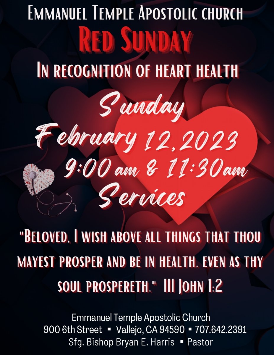 "Red Sunday" February 12, 2023 9am &amp; 11:30am Services 
Wear Red for Heart Health Awareness