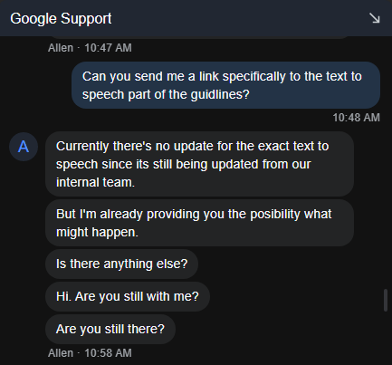 SirSwagYT's tweet photo. I just spoke to YouTube support. It turns out channels can get demonetized for using Text to Speech. There is no way to differentiate a text to speech strike from anything else that would get a video demonetized. There is also no public information about this policy. https://t.co/AHtHTJWJ88