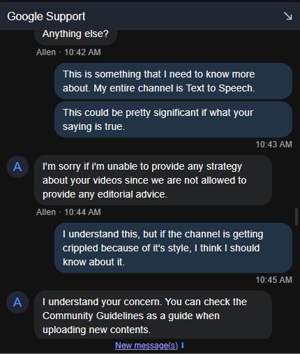 SirSwagYT's tweet photo. I just spoke to YouTube support. It turns out channels can get demonetized for using Text to Speech. There is no way to differentiate a text to speech strike from anything else that would get a video demonetized. There is also no public information about this policy. https://t.co/AHtHTJWJ88