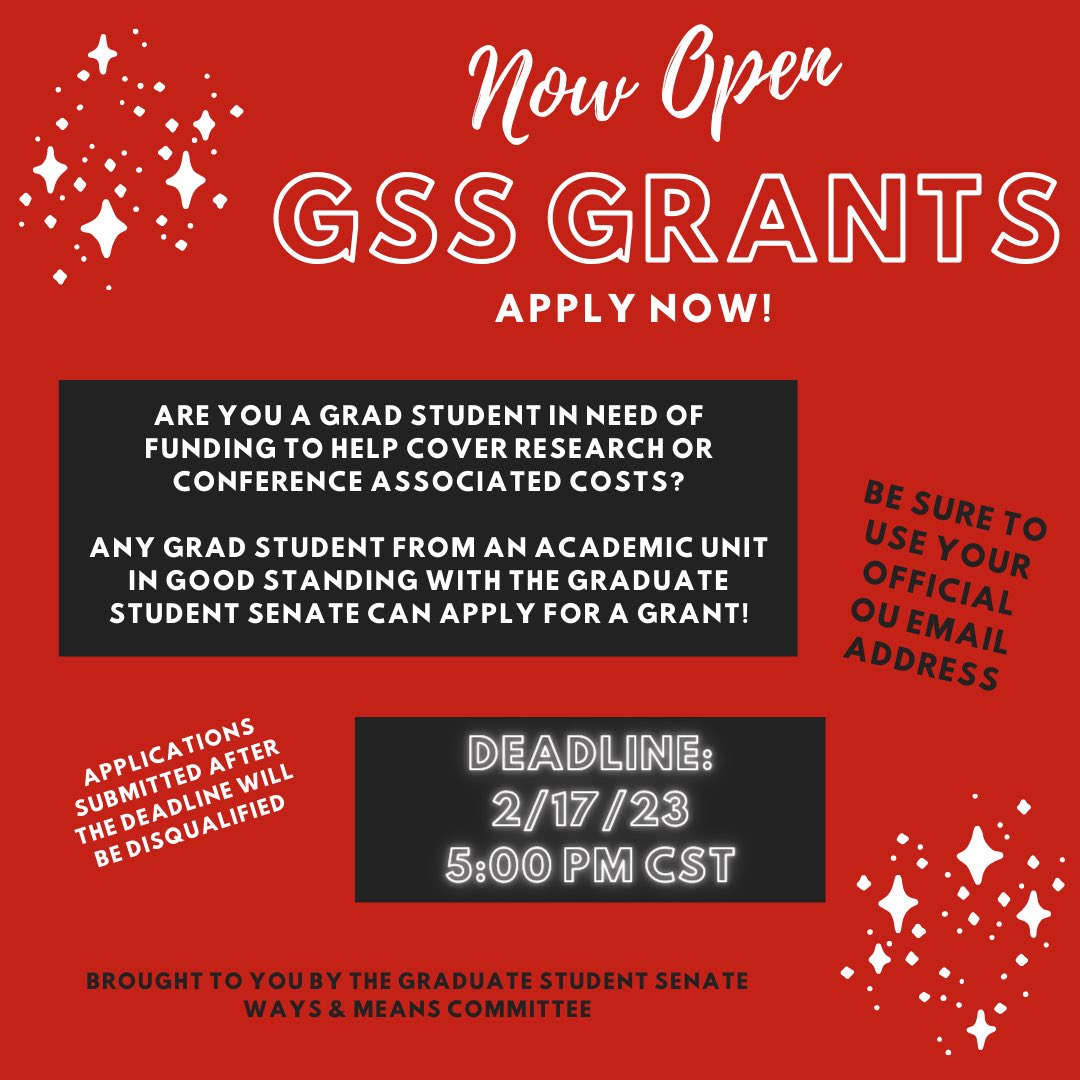 OU_GradSenate's tweet image. Our Spring grants are OPEN! The deadline is December 17 at 5PM CT. Find more details here: ou.edu/sga/graduate-s…