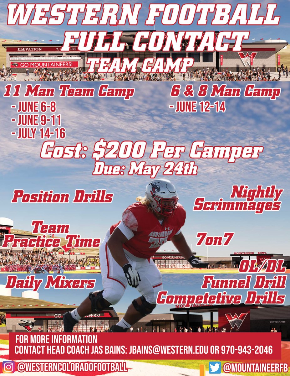 2023 @MountaineerFB Full Contact Team Camps --- For more information please contact me at (970) 943-2046 or jbains@western.edu . 2,000+ campers / 45+ high school teams last summer. Only a few spots remaining. #MountUp #ThinAirCrew #FullContactTeamCamp