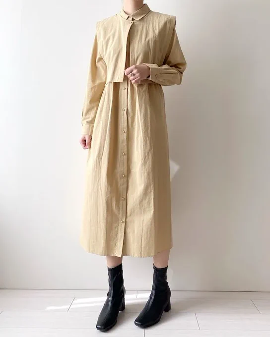 【GU】無限にコーデが組めるじゃん…!羽織るだけでオシャレな「高見えワンピース」これが2990円ってお得すぎるよ!の「レイヤードワンピース」が素敵!ワンピースとベストがセットになってるの重ね着しても単品でも、アイデア次第でいろんな着回しが楽しめますよ〜! 