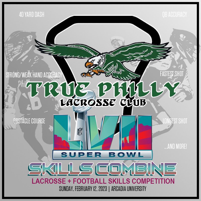 tl_philly's tweet photo. To kickoff #SuperBowlSunday, our practice sessions will have a bit of a football flavor, as our athletes will compete in a lacrosse &amp; football skills competition! We’ll see you Sunday at the True Philly Super Bowl LVII Skills Combine!
🥍 + 🏈
#TrueOn2 #TruePhilly #FlyEaglesFly https://t.co/ADanMYXQi5