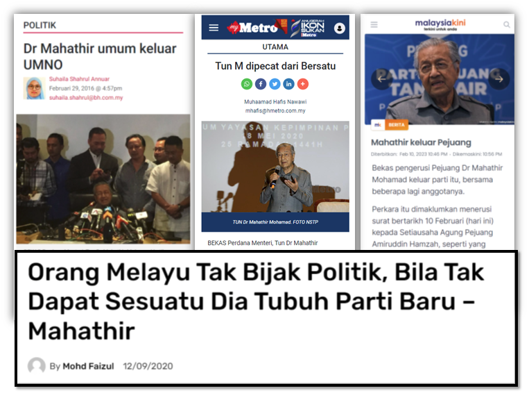 #RT <a href="/NajibRazak/">Mohd Najib Tun Razak</a>: Dia tubuh UMNO baharu, dia keluar.
Dia tubuh BERSATU, dia dipecat.
Dia tubuh PEJUANG, dia keluar.

Dia juga yang kata: 

"Orang Melayu tak bijak politik, Bila tak dapat sesuatu dia tubuh parti baru dan menyebabkan orang Melayu berpecah b…