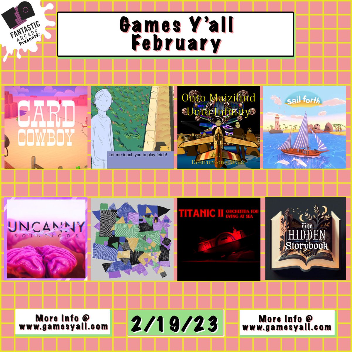 GamesYall's tweet photo. ✨ 🕹️ February Meetup |  🗓️ Sunday February 19th 🕒2pm-5pm | 📍Fairweather Cider  🎮 💖 

Go to our website to see our Games Roundup!

https://t.co/JyKEM4QIB8

#gamesyall #fantasticarcade #indiegames #austingamers #indiedevelopers https://t.co/H2kOOJVtXk