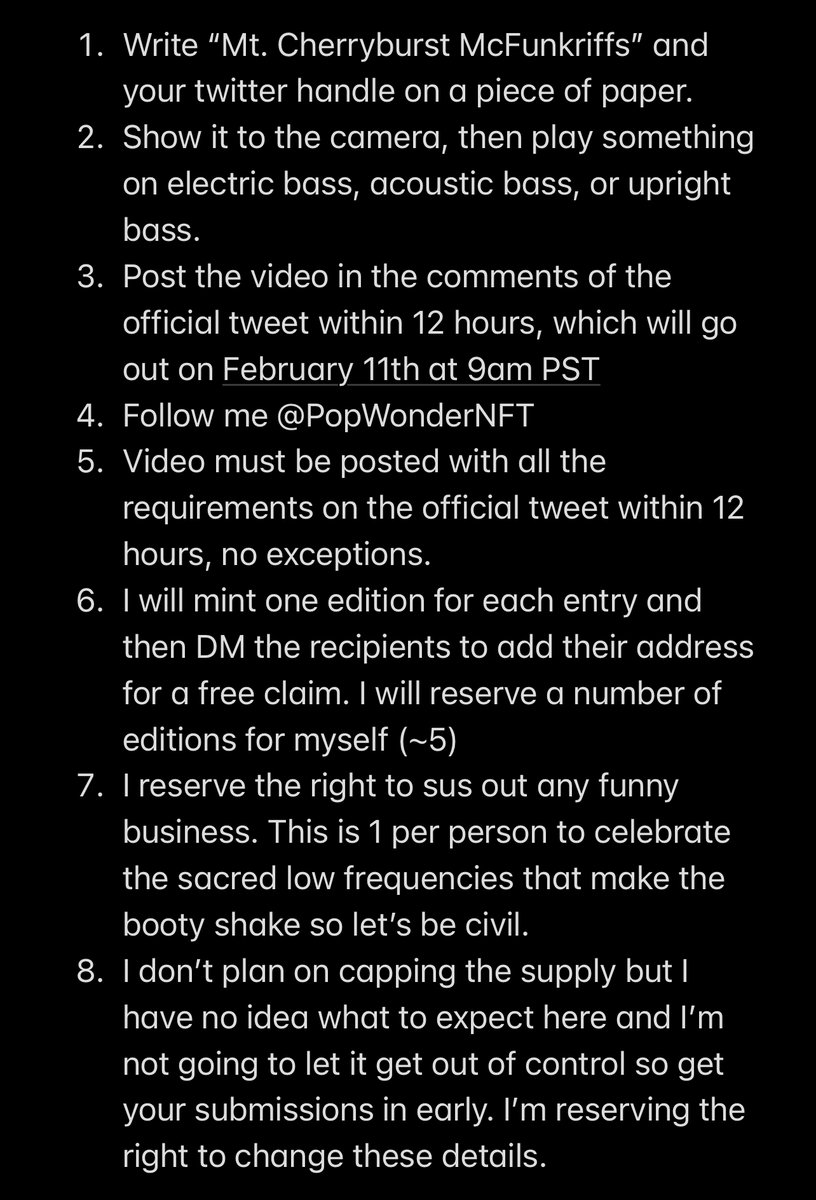 🎸 OFFICIAL SUBMISSION THREAD 🎸

Please read ALL instructions CAREFULLY and reply with your video on THIS thread before 9pm PST to qualify for a free edition of "Mt. Cherryburst McFunkriffs" 

Looking forward to seeing them!