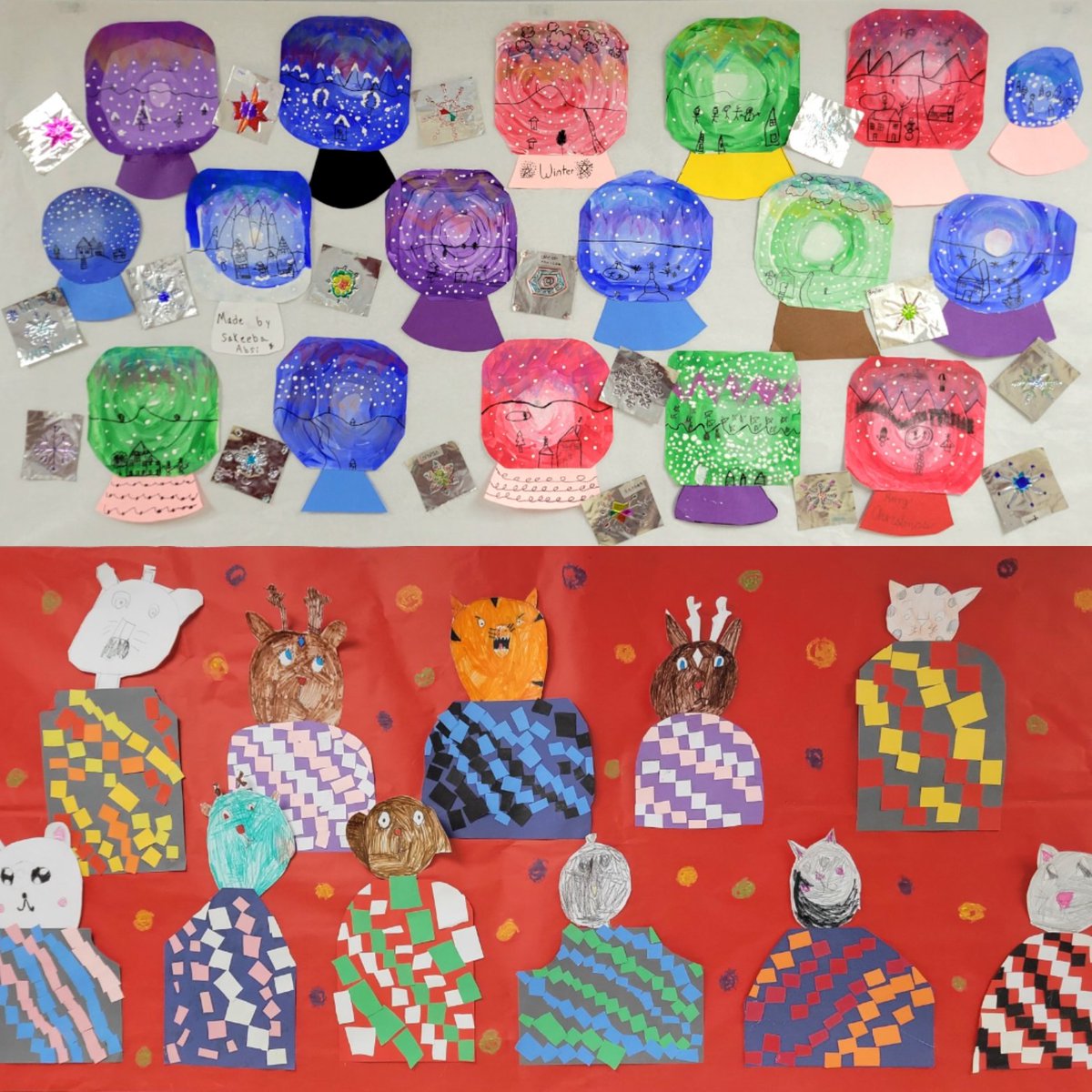 I've been finding a few moments each week to finally put up artwork in the halls! 4th grade created monochromatic snowglobes, and 2nd grade created these silly sweaters by using patterns!