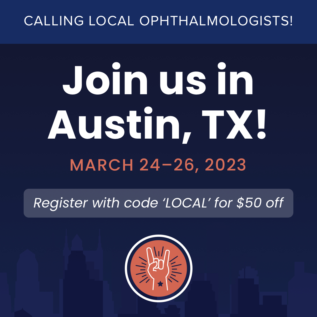 YoungMDConnect's tweet photo. Hey, Texas! We'll see y'all next month, March 24โ26, for YoungMD Connect Liveโa meeting designed exclusively for emerging leaders in #ophthalmology. Register today with the promo code LOCAL and receive a $50 discount. ๐ค
#YMDCLive2023 https://t.co/s1aLuTpwgF