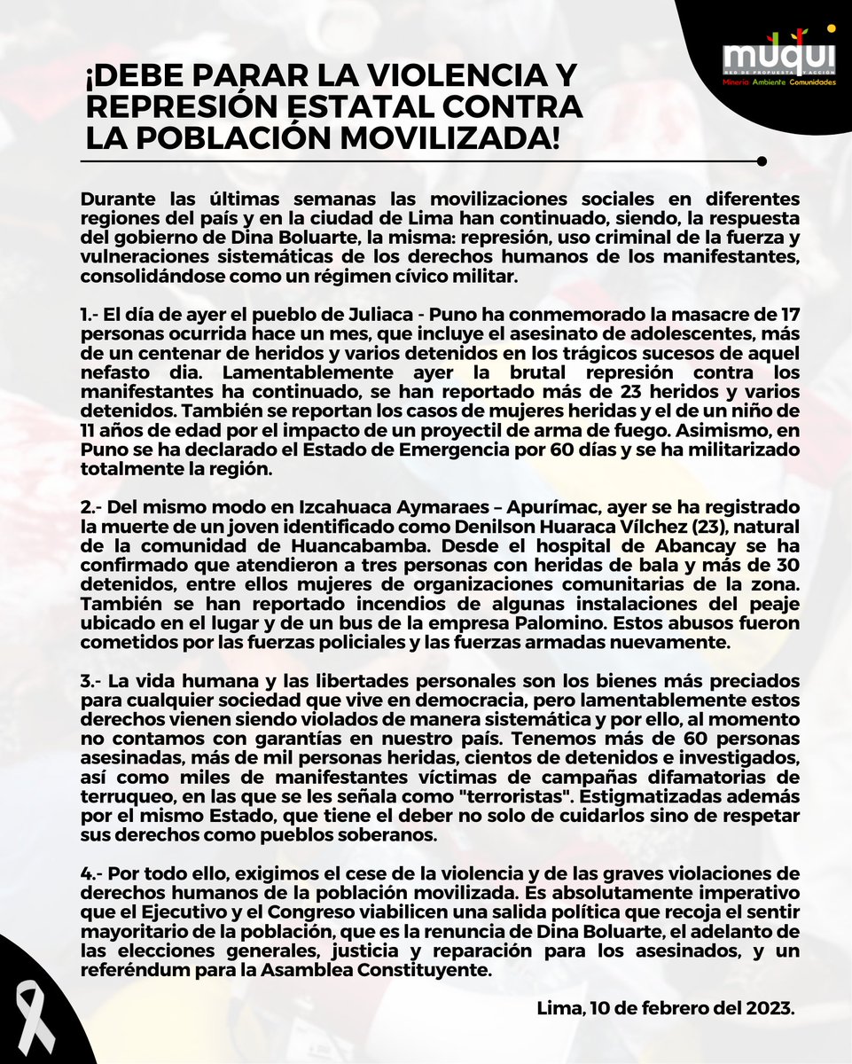 RedMuqui's tweet photo. 🔴 A propósito de la muerte de Denilson Huaraca y las decenas de heridos y detenidos ayer, es imperativo plantear una salida que recoja el sentir de la población: renuncia de Boluarte, adelanto de elecciones, justicia para las víctimas y referéndum para la asamblea constituyente. https://t.co/uEUwQKz1i5