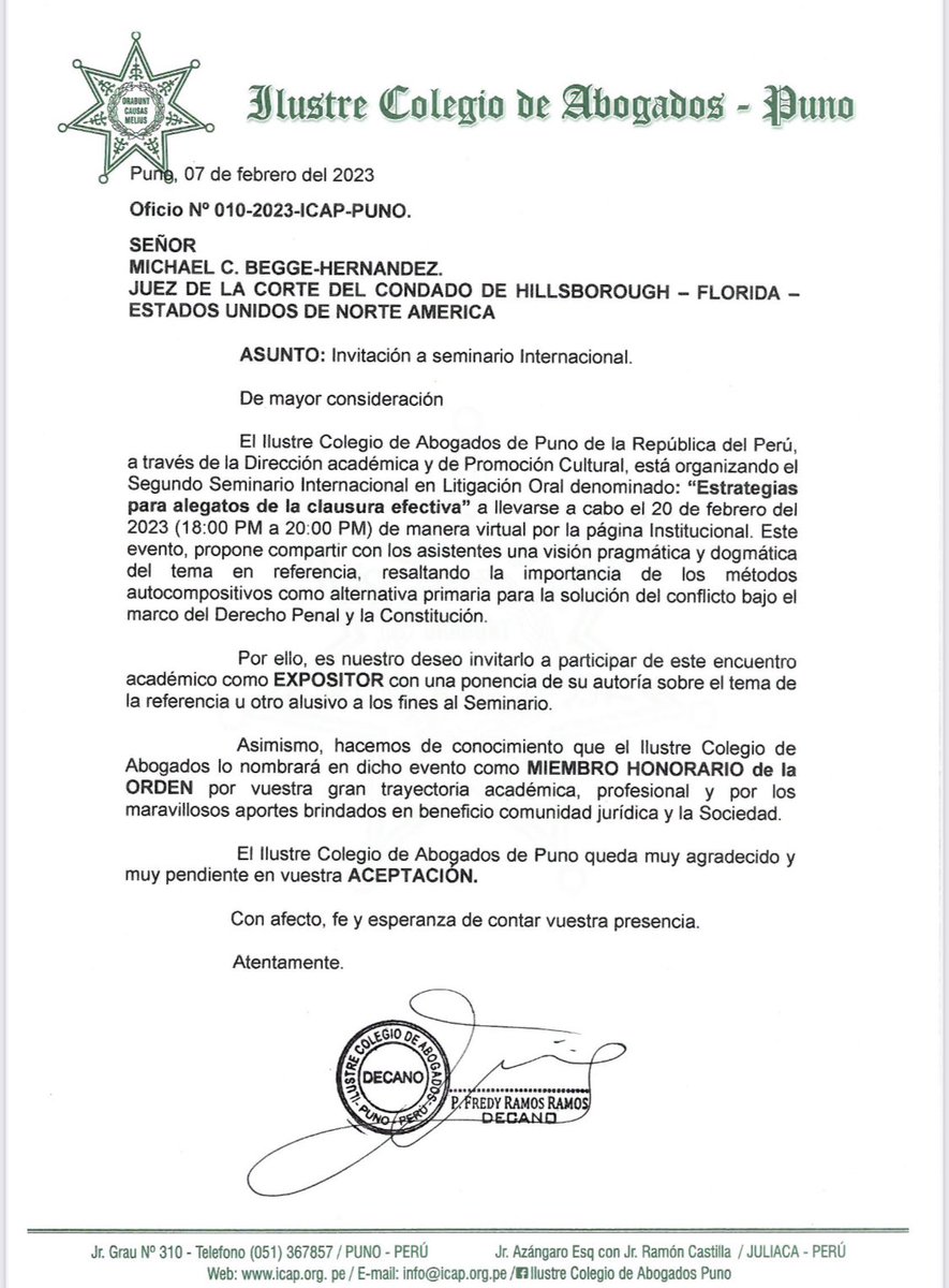 Judge Michael Baggé-Hernández (@judgebagge) on Twitter photo Me siento honorado por haber sido invitado de ser miembro honorario del <a href="/IlustreCap/">Ilustre Colegio de Abogados de Puno</a> en Puno, Peru y por tener la oportunidad de capacitar sobre el sistema acusatorio a los miembros la próxima semana. #somos13fuerte #thefloridabar #hcba Me siento honorado por haber sido invitado de ser miembro honorario del <a href="/IlustreCap/">Ilustre Colegio de Abogados de Puno</a> en Puno, Peru y por tener la oportunidad de capacitar sobre el sistema acusatorio a los miembros la próxima semana. #somos13fuerte #thefloridabar #hcba