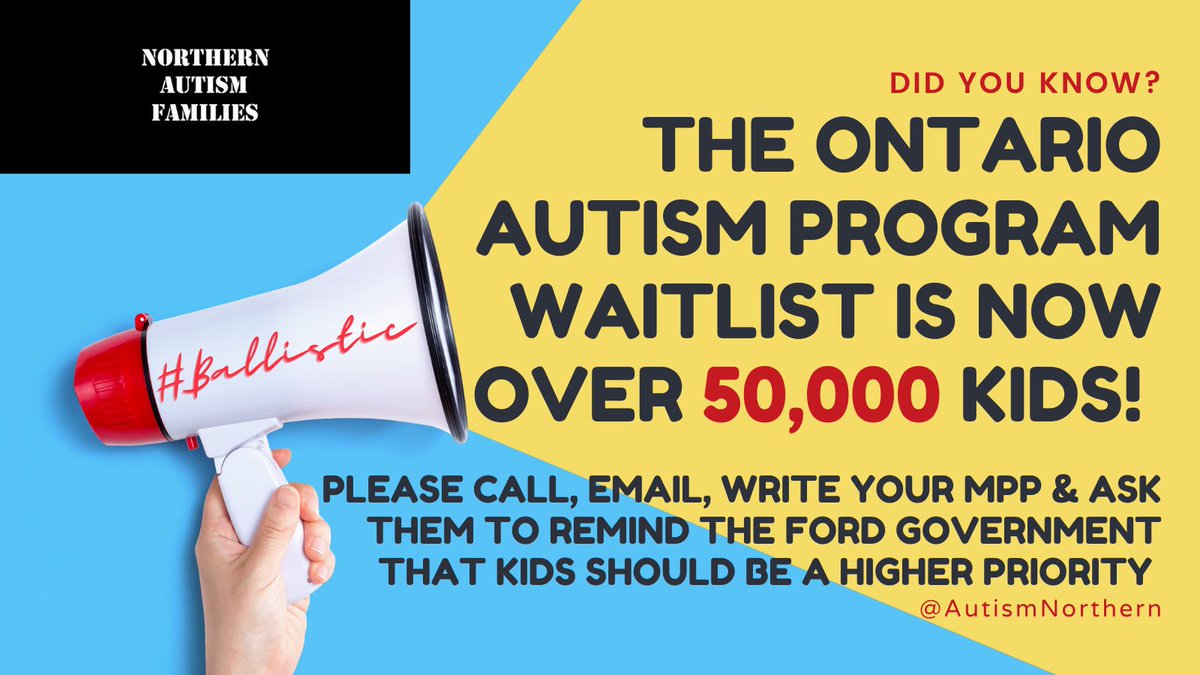 AutismNorthern's tweet photo. Our community needs your help! @fordnation destroyed the ON Autism Program & grew the waitlist from 23K to over 50K kids!
Our ask: Please call/email your MPP & ask them to pressure Ford to make kids a priority.
#50KIsNotOk
#NoTransparency4Autism
#onpoli #NeedsBasedTherapy https://t.co/szgRKKQBJg